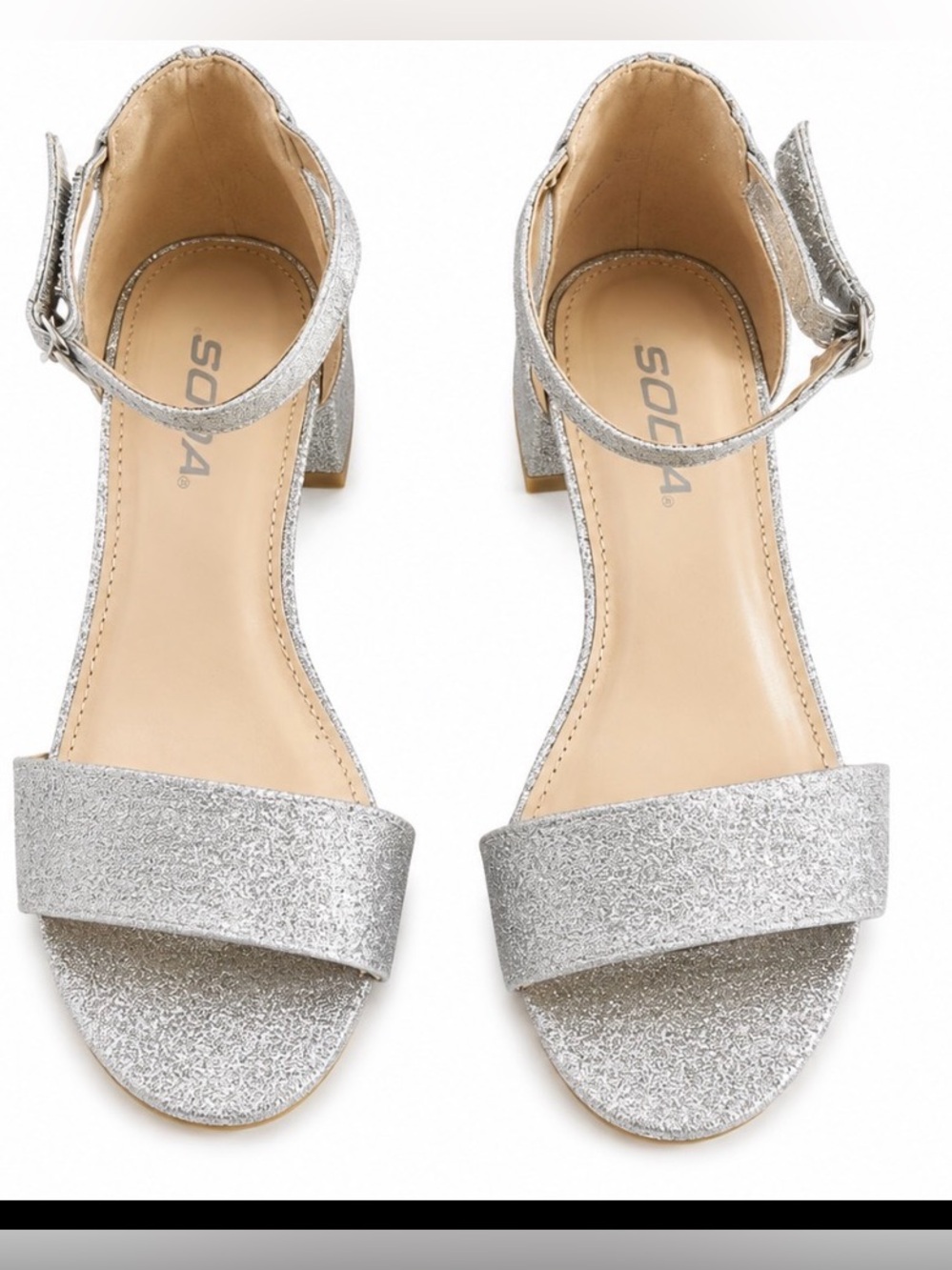 SODA Girls Silver Glitter Block Heel Sandals Youth Size 3